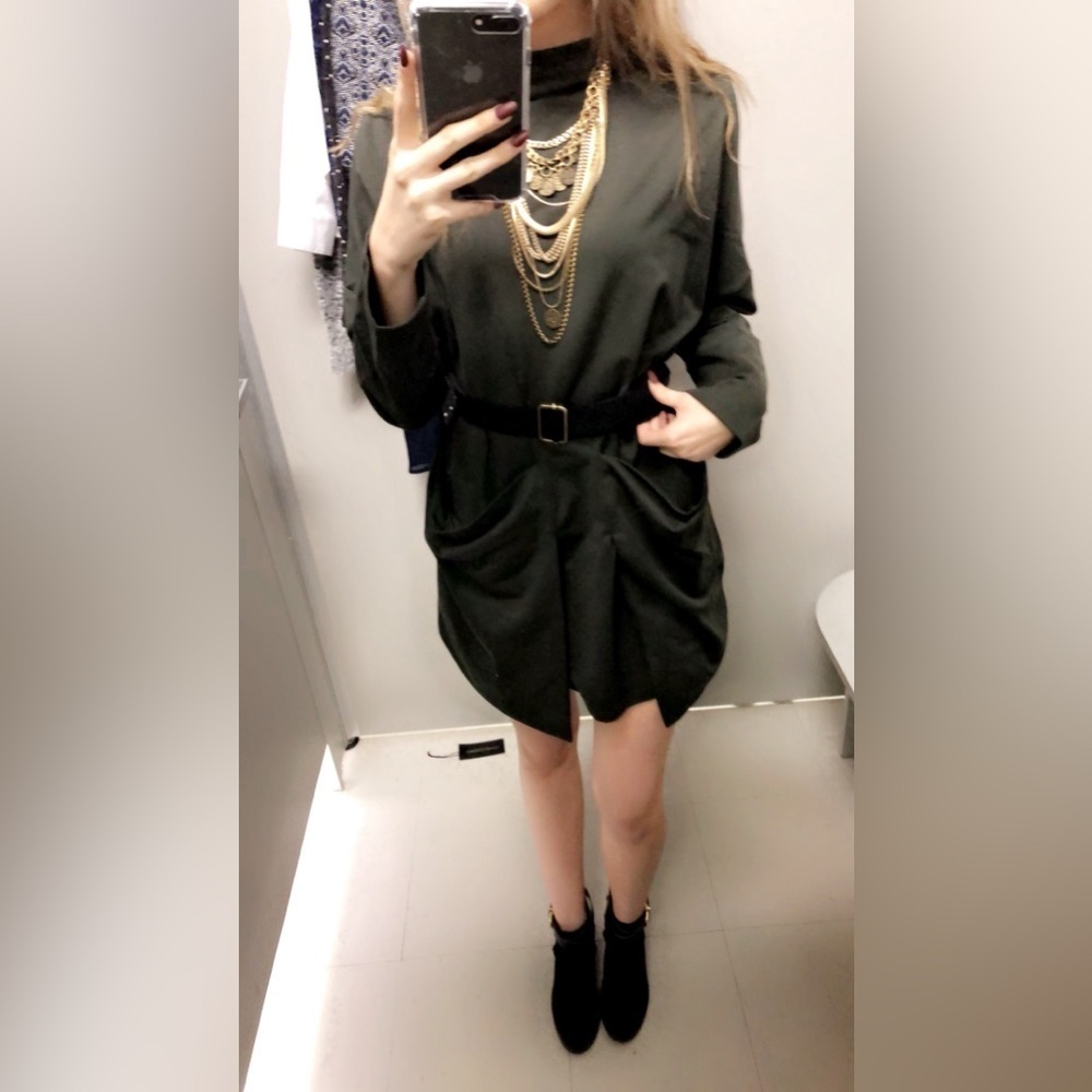 Forest Green Mock Neck Dress With Oversized Pockets